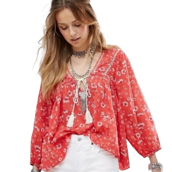 FREE PEOPLE Never A Dull Moment Floral Boho Peasant Oversized Cotton Blouse Sz S - Picture 1 of 12